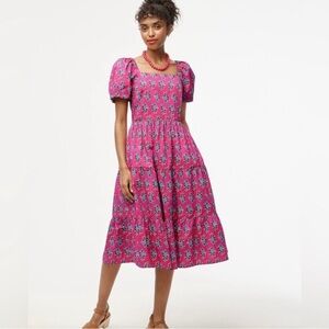 J.Crew Pink Block Print Puff Sleeve Square Neck Midi Dress, 0/XS